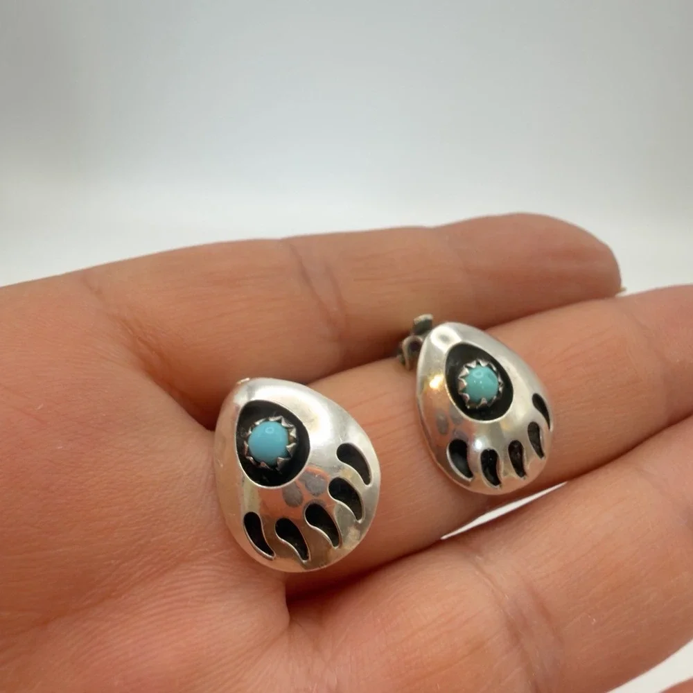 Vtg Sterling Silver 925 Southwest Turquoise Bear Paw Cuff Earrings Set Lot READ